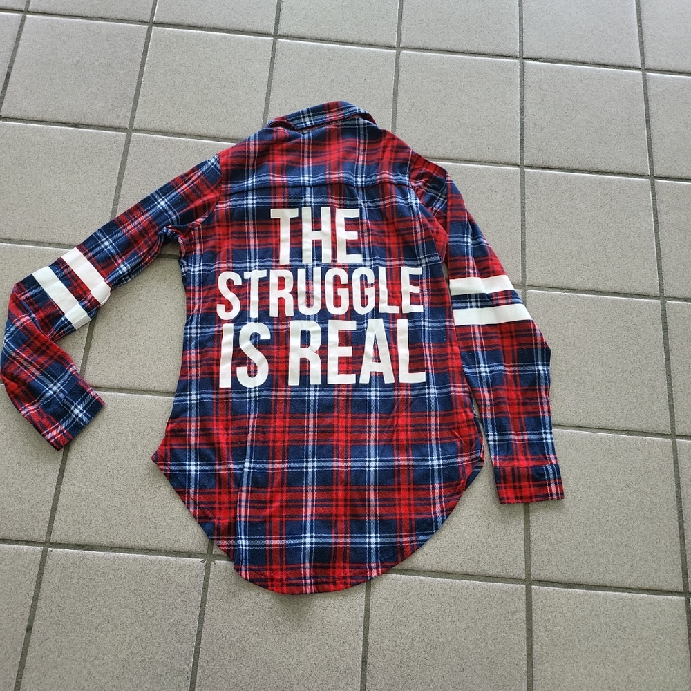 Juniors Small Rue21 Flannel Button-Up Shirt "The Struggle Is Real" Red Blue